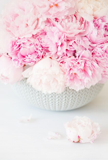 Beautiful pink peony flowers bouquet in vase