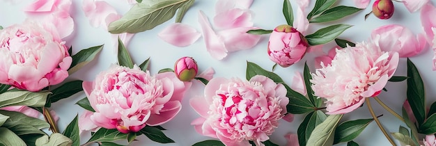 Beautiful pink peony flowers on light background Flat lay style