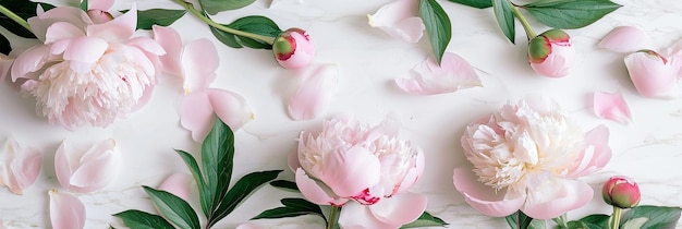 Beautiful pink peony flowers on light background Flat lay style