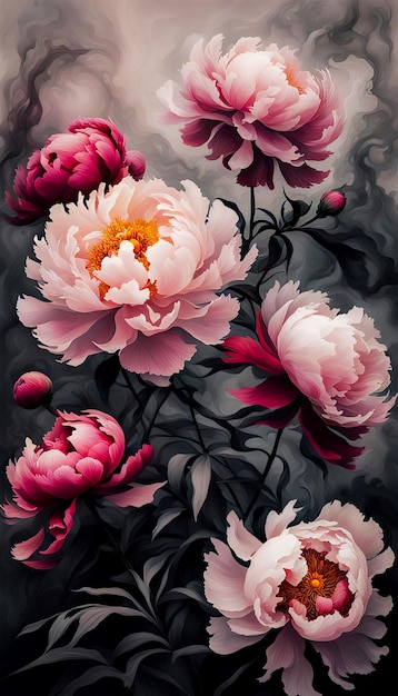 Красивые розовые цветы пиона с дымом на темном фоне