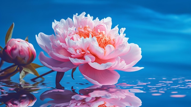 Beautiful a pink peony with a blue background