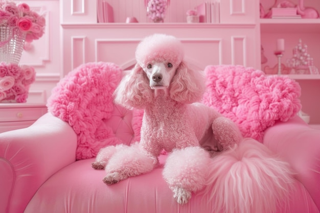 Beautiful pink poodle in a glamorous pink room