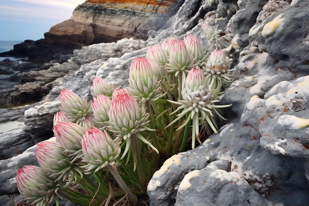 Foto bellissimi fiori di protea rosa che crescono sulle rocce vicino al mare