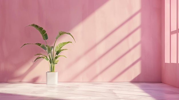 A beautiful pink room with a potted plant in the corner The sunlight is shining through the window and creating shadows on the wall