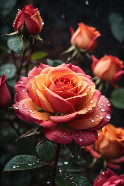 Beautiful pink rose on a background of green leaves in the sunlight