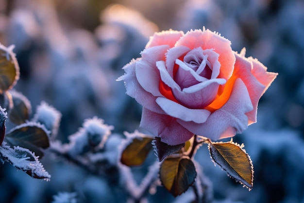 Beautiful pink rose covered with hoarfrost on a blue background