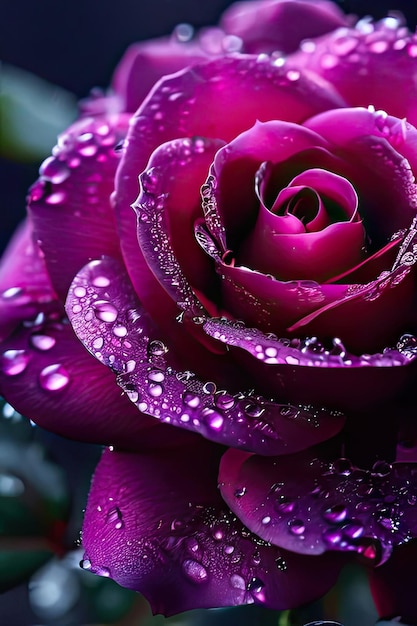 Beautiful pink rose with dew drops on a dark background