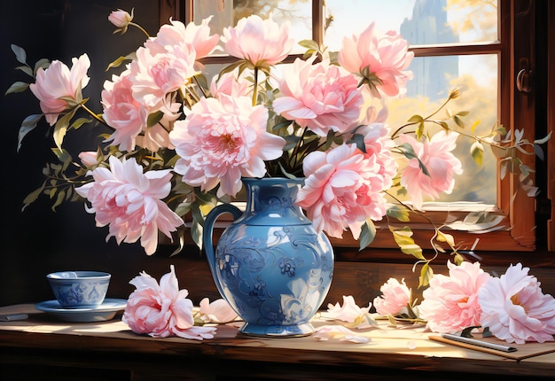 The beautiful pink roses on a blue vase