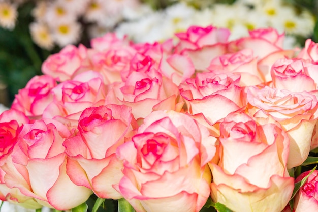 Beautiful pink roses bouquet in the street market