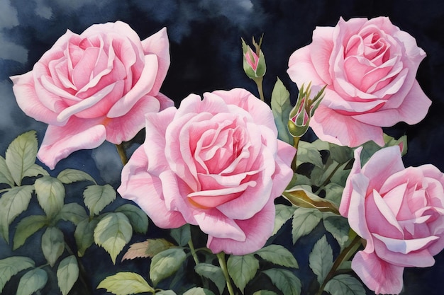 Beautiful pink roses on a dark background Watercolor painting