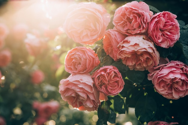 Красивые розовые розы в ранние утренние часы на открытом воздухе
