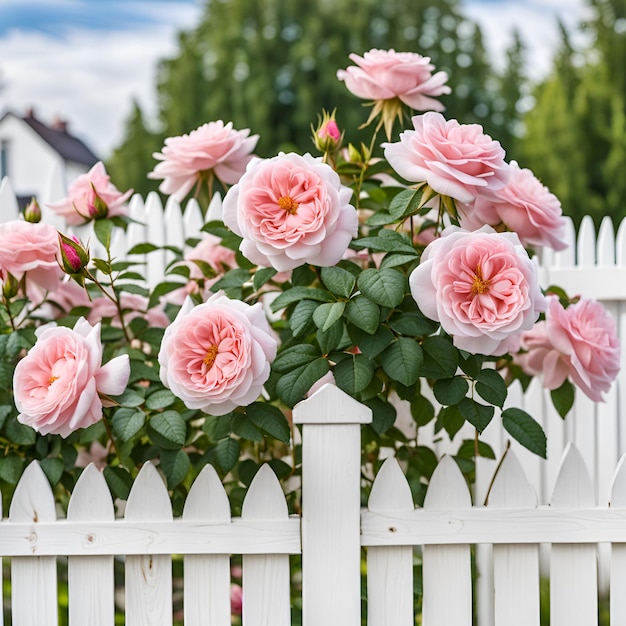 Beautiful pink roses on white picket fence in summer garden