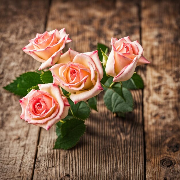 Beautiful Pink roses on wooden background