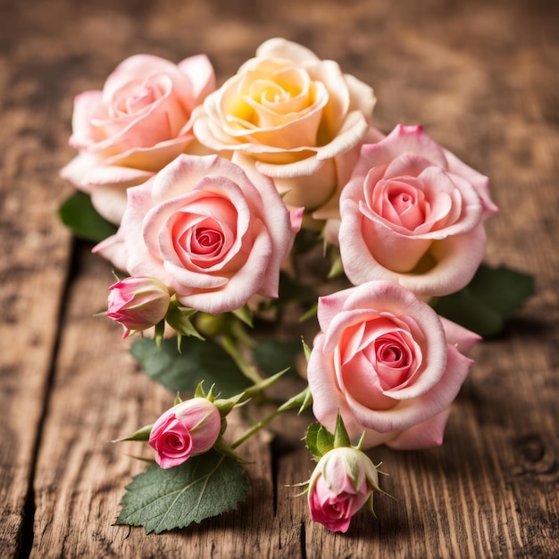 Beautiful Pink roses on wooden background