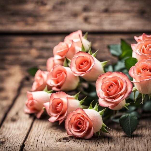 Beautiful Pink roses on wooden background