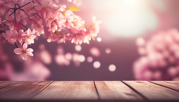 Photo beautiful pink sakura flowers above a wooden table against a blurred spring background generative ai