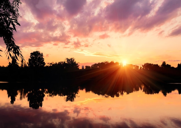 Beautiful pink sunset on the background of the river