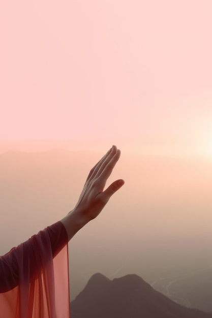 산 너머로 아름다운 분홍색 일몰이 보입니다.