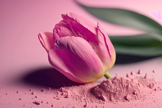 Красивый розовый тюльпан, лежащий на розовом порошке