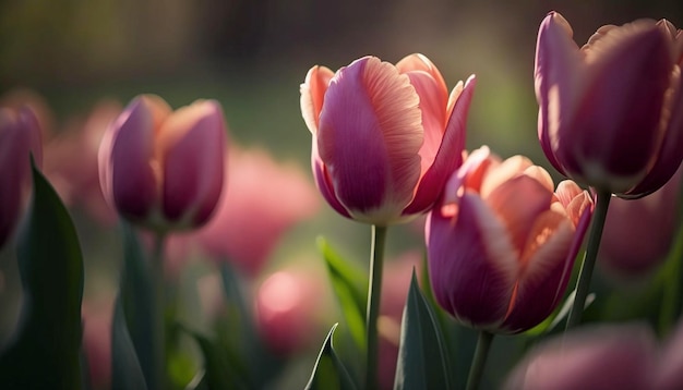 Beautiful pink tulips on a blurry background Spring background Ai generative