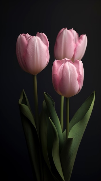 Beautiful pink tulips over dark background