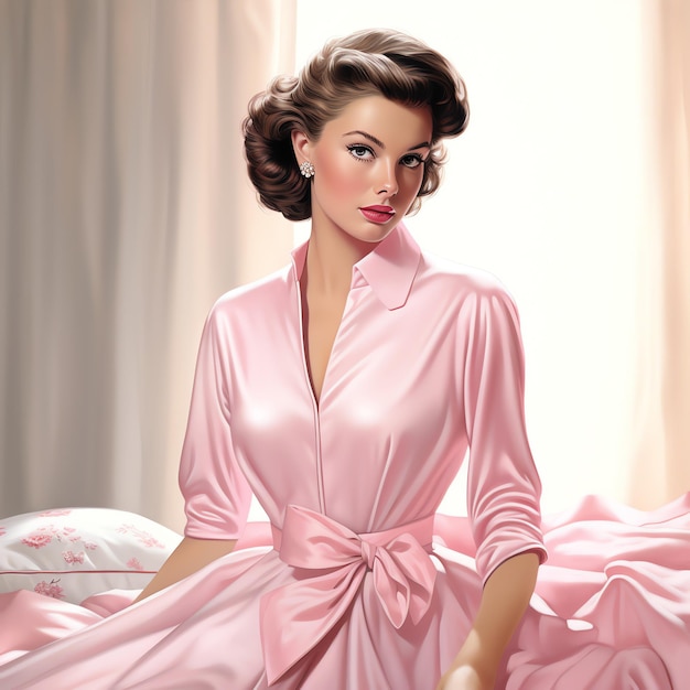 Beautiful pink vintage dressed woman from the 1950s retro dress clipart illustration