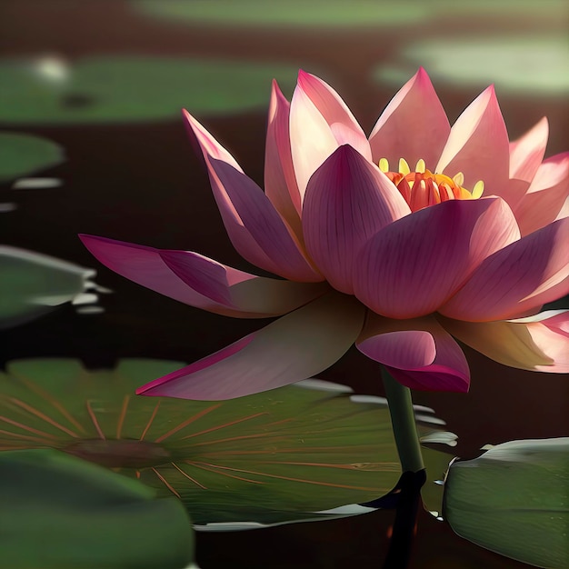 A beautiful pink waterlily or lotus flower in pond