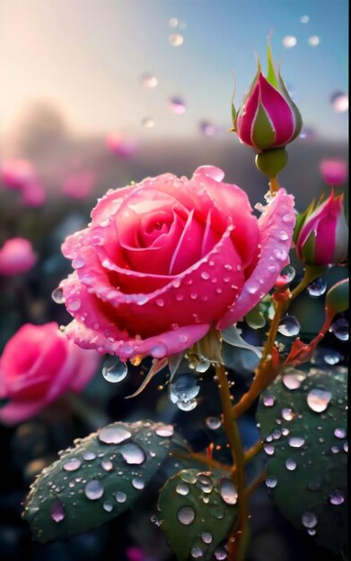 Beautiful pink wet rose by water rose flower