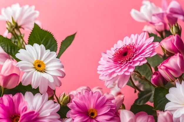 Foto bellissimi fiori rosa e bianchi su sfondo rosa