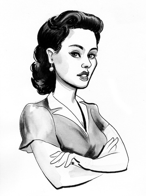 美しいピンナップ スタイルの女性。インク白黒描画