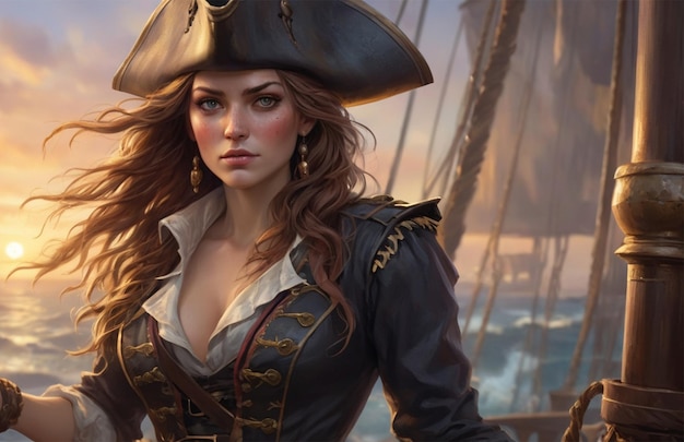 Beautiful pirate female standing at her ship