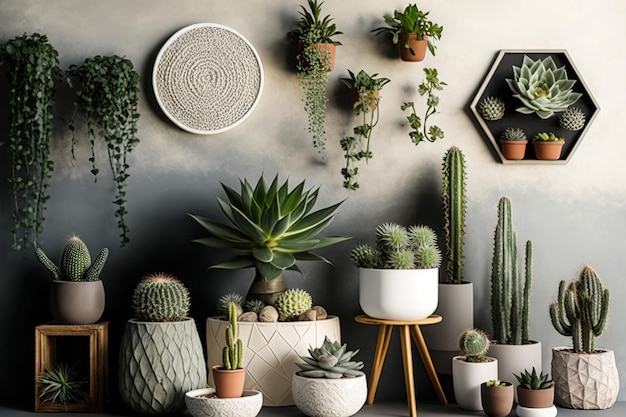 Beautiful plants cactus succulents and air plants are arranged in variously shaped pots in a stylish indoor home garden composition domestic gardening idea jungle at home SPCAE copy Template