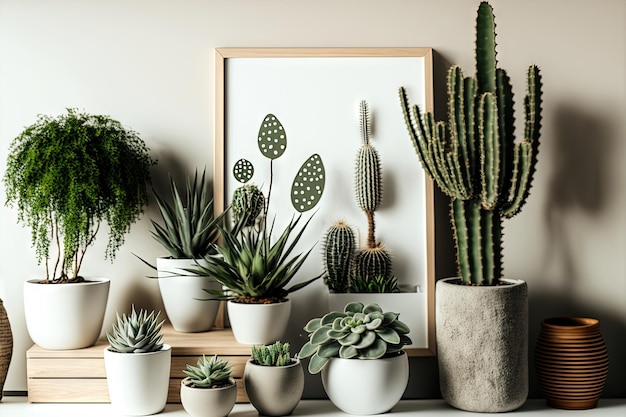 Beautiful plants cactus succulents and air plants are arranged in variously shaped pots