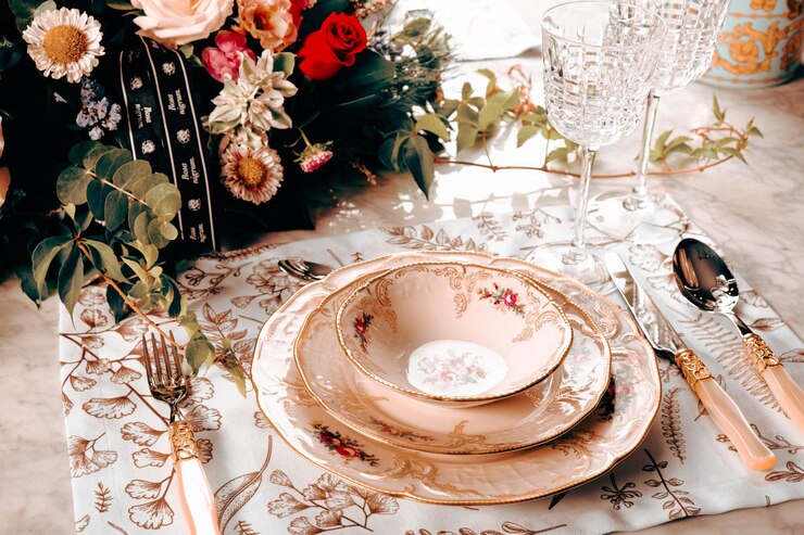 beautiful plate and fresh perfect colorful flowers standing on luxury table