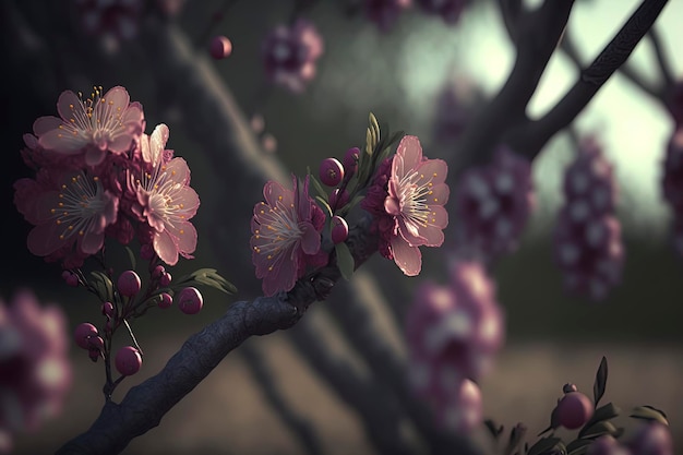 Beautiful plum tree blossoms with sunlight