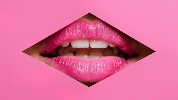 Beautiful plump bright lips of pink color peep into the slit of colored paper