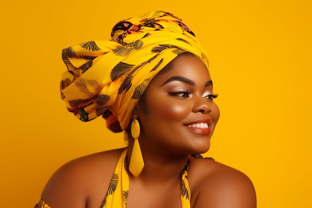 Beautiful plus size African American woman in a yellow background