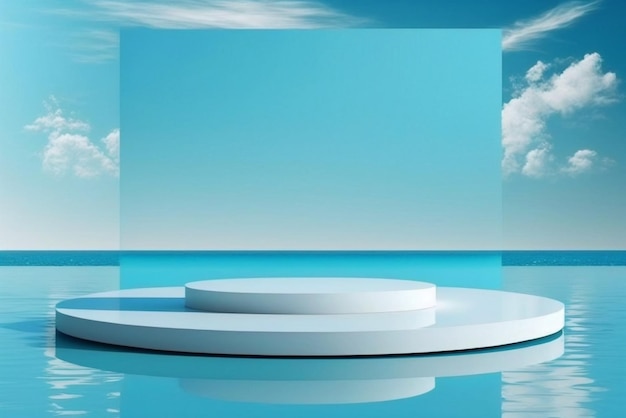 Beautiful podium floating on water with surreal sky background Created with Generative AI technology