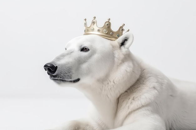 Beautiful Polar Bear In Gold Crown On White Background Generative AI