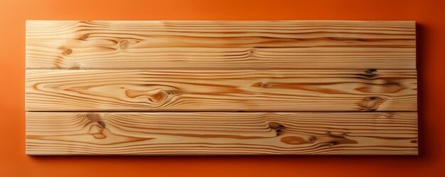 Foto bella tavola di legno lucidata con motivi di grano naturali contro uno sfondo arancione vibrante per