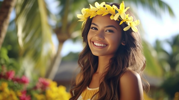 Photo beautiful polynesian woman with flowers close up generative ai