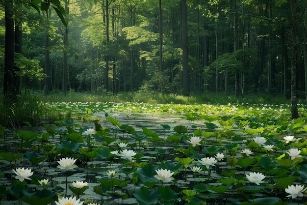 A beautiful pond in the middle of a forest with white flowers and green leaves