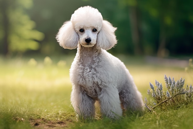 美しい自然の背景に美しいプードル犬犬が公園を歩いている AI Generat