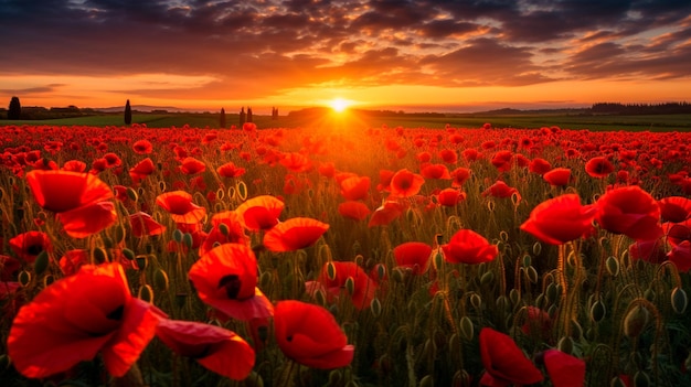 beautiful poppies field with sunset sky