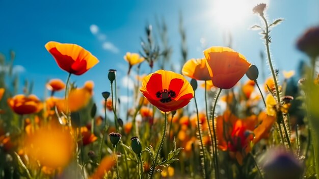 Beautiful poppies in a meadow on a sunny day generative ai