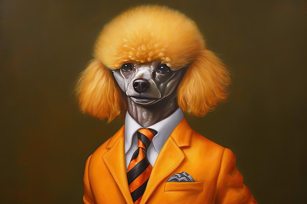 Photo beautiful portrait of an adorable poodle in a business suit in yellow and orange tones generative ai