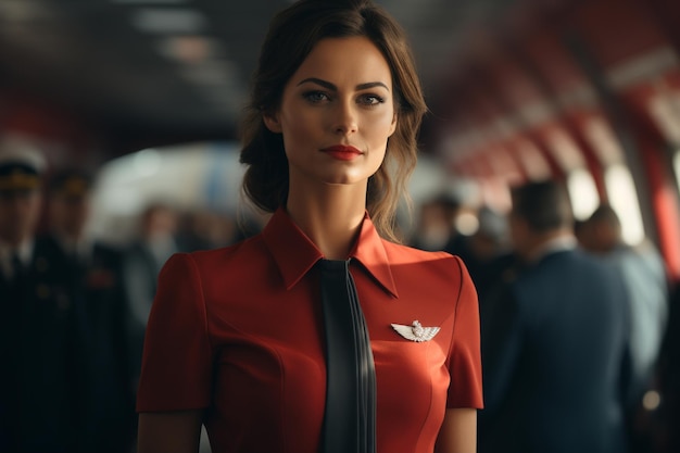 Beautiful portrait of airport worker and airplane and pilot's assistant flight attendant gorgeously stylish glamorous flight stewardess