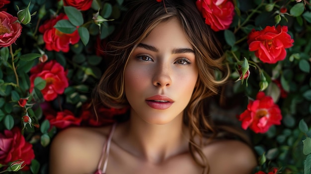 beautiful portrait attractive girl with pretty eyes with flowers roses around