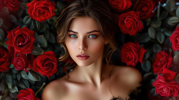 beautiful portrait attractive girl with pretty eyes with flowers roses around