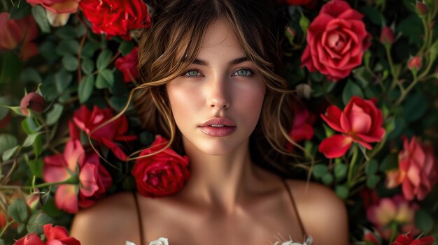 beautiful portrait attractive girl with pretty eyes with flowers roses around